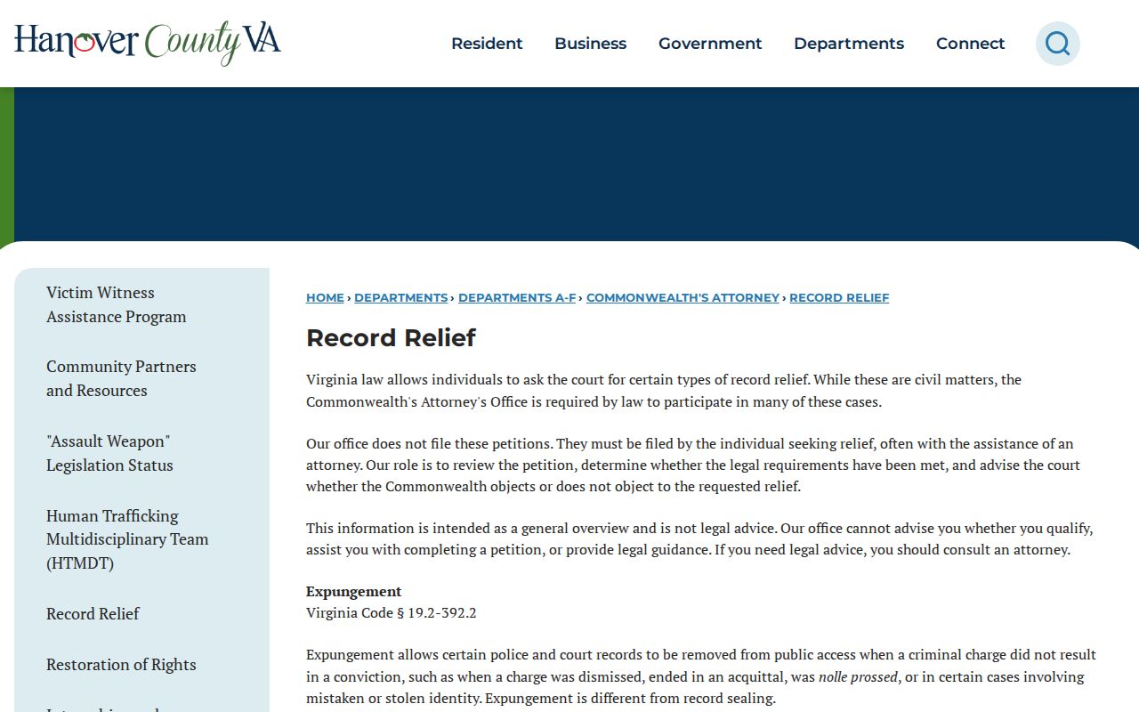 Hanover County release record sealing and expungement information
