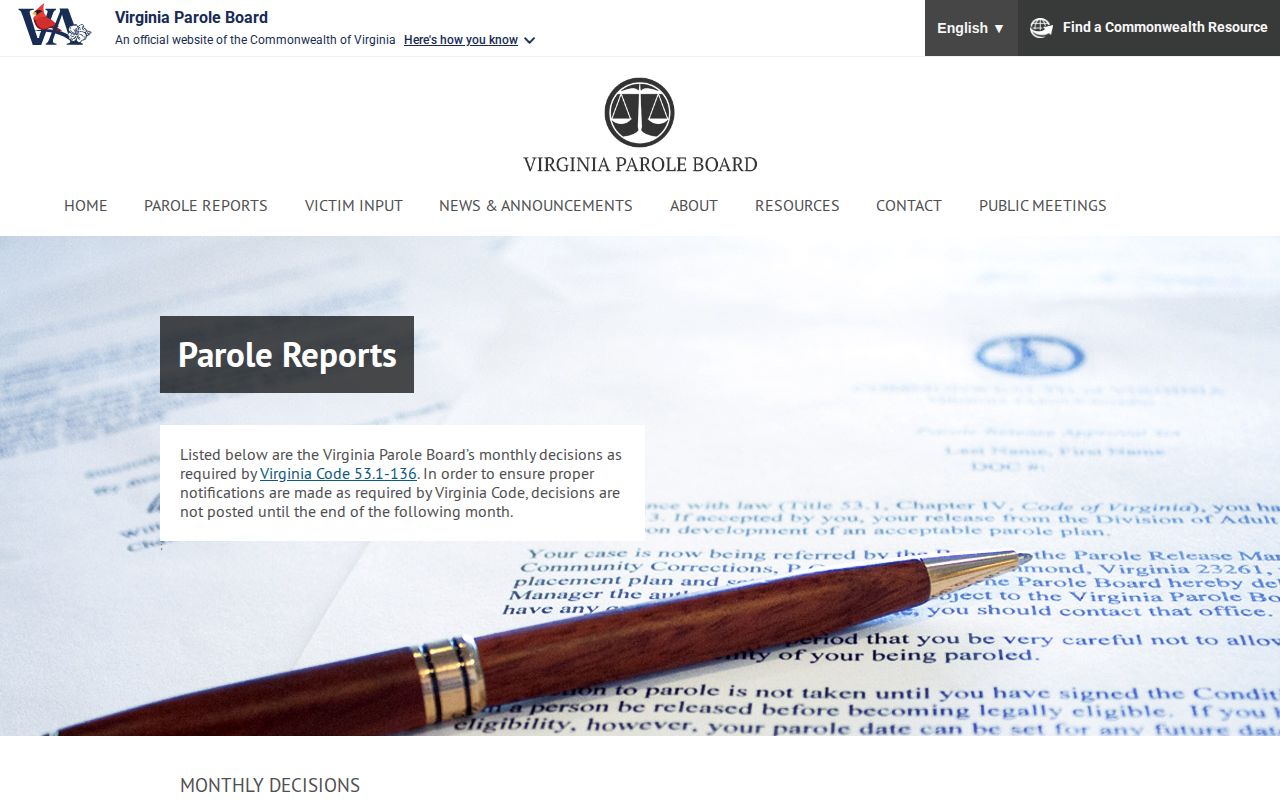 Virginia Parole Board monthly parole decision reports page